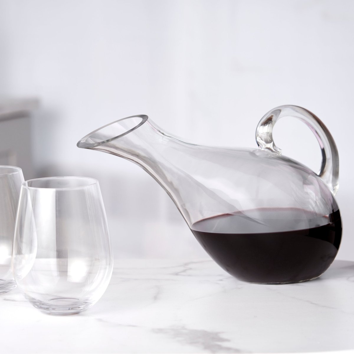 Hand-Blown Glass Broad Bowl Wine Decanter with Handle - 53 oz