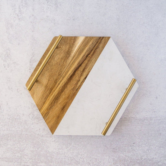 Load image into Gallery viewer, lily &amp;amp; onyx Marble &amp;amp; Acacia Wood Hex Tray With Brass Handles - lily &amp;amp; onyx
