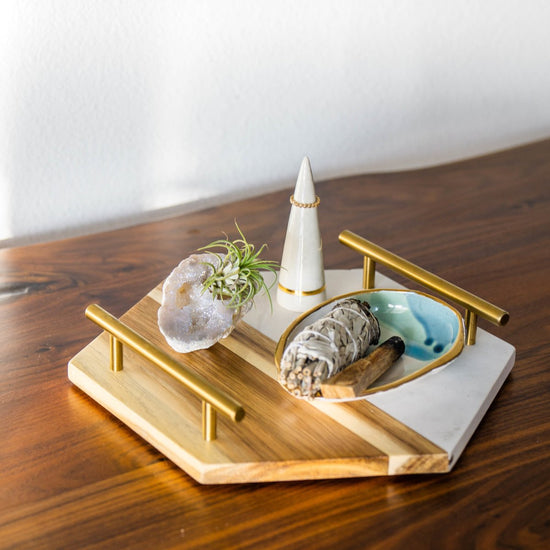 lily & onyx Marble & Acacia Wood Hex Tray With Brass Handles - lily & onyx