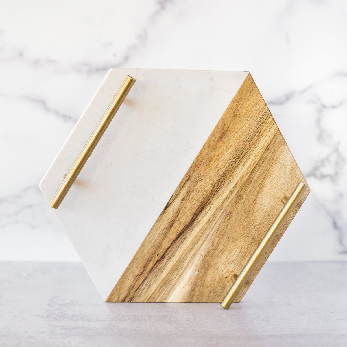 Load image into Gallery viewer, lily &amp;amp; onyx Marble &amp;amp; Acacia Wood Hex Tray With Brass Handles - lily &amp;amp; onyx
