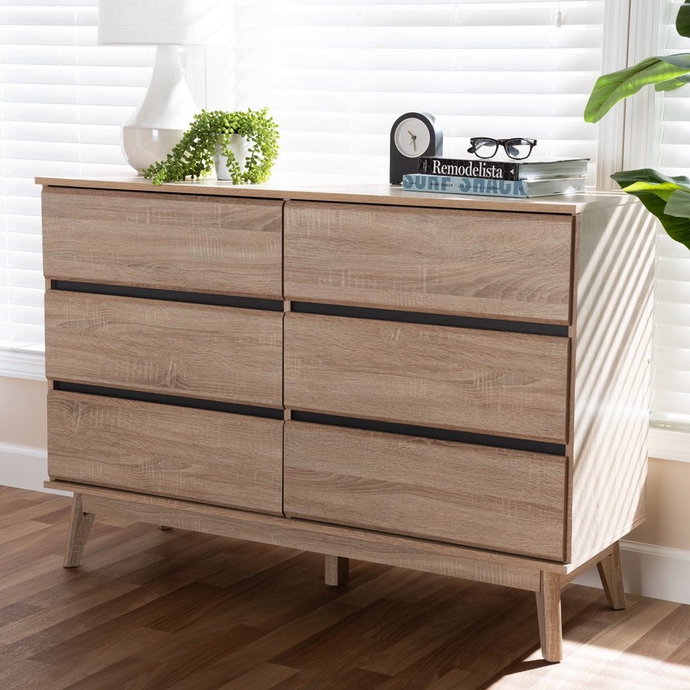 Baxton Studio Mid Century Modern Light Oak And Dark Gray 6 Drawer Dresser - lily & onyx