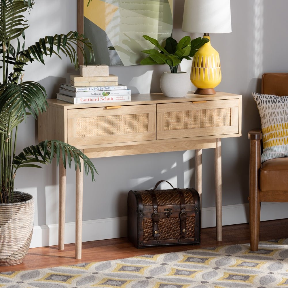 Baxton Studio Mid Century Modern Light Oak Brown Finished Wood And Rattan 2 Drawer Console Table - lily & onyx