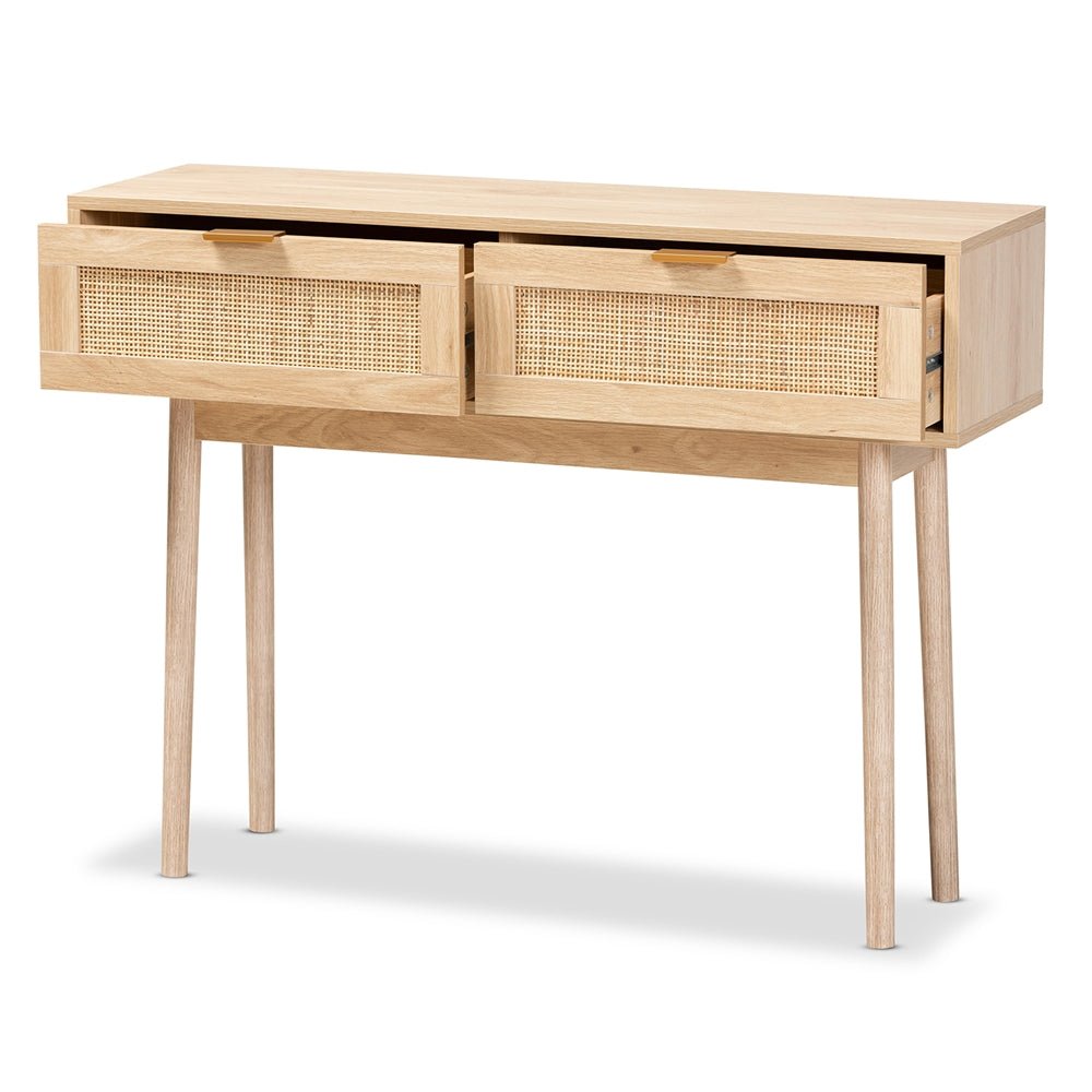 
                      
                        Baxton Studio Mid Century Modern Light Oak Brown Finished Wood And Rattan 2 Drawer Console Table - lily & onyx
                      
                    