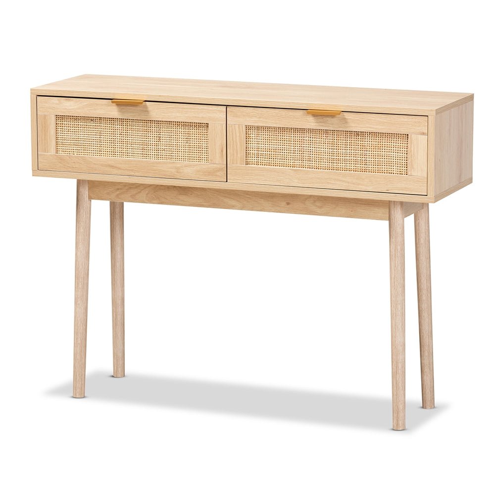 
                      
                        Baxton Studio Mid Century Modern Light Oak Brown Finished Wood And Rattan 2 Drawer Console Table - lily & onyx
                      
                    