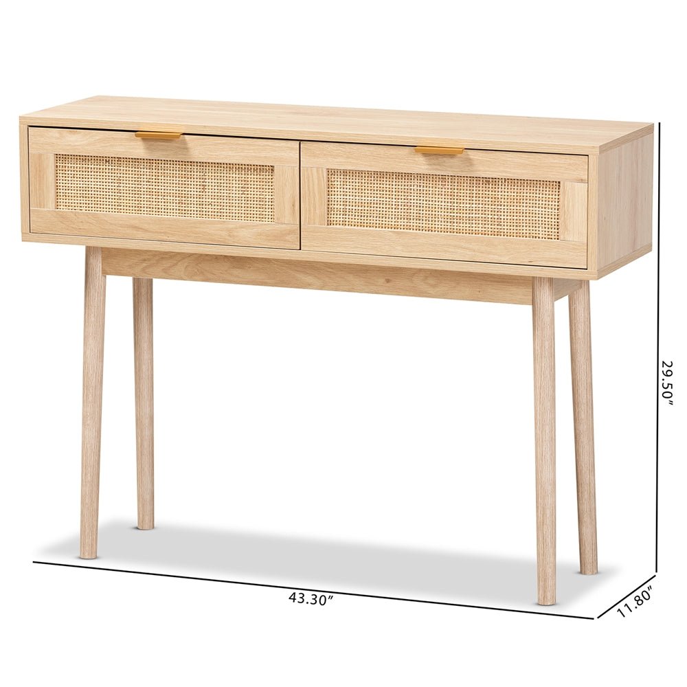 
                      
                        Baxton Studio Mid Century Modern Light Oak Brown Finished Wood And Rattan 2 Drawer Console Table - lily & onyx
                      
                    
