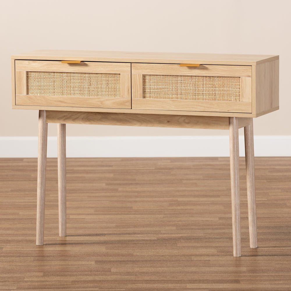 
                      
                        Baxton Studio Mid Century Modern Light Oak Brown Finished Wood And Rattan 2 Drawer Console Table - lily & onyx
                      
                    