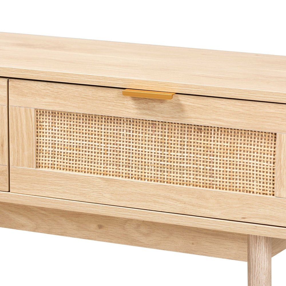 
                      
                        Baxton Studio Mid Century Modern Light Oak Brown Finished Wood And Rattan 2 Drawer Console Table - lily & onyx
                      
                    
