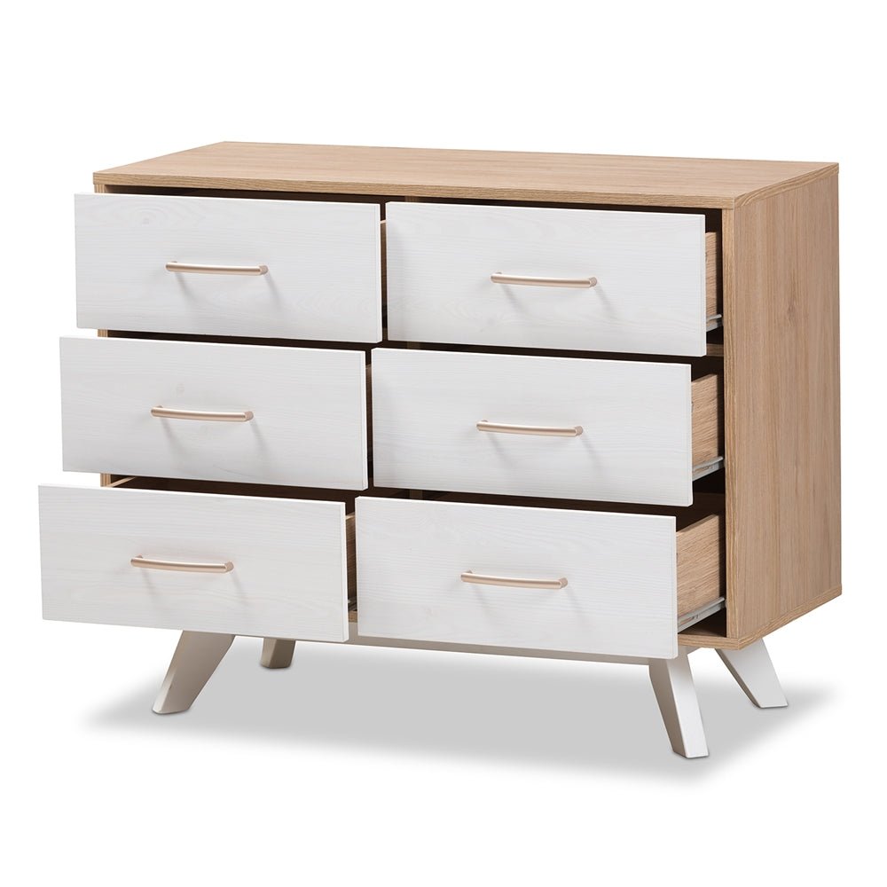 
                      
                        Baxton Studio Mid Century Modern Natural Oak And Whitewashed Finished Wood 6 Drawer Dresser - lily & onyx
                      
                    