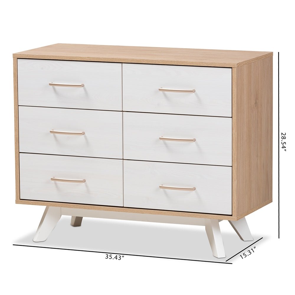 
                      
                        Baxton Studio Mid Century Modern Natural Oak And Whitewashed Finished Wood 6 Drawer Dresser - lily & onyx
                      
                    