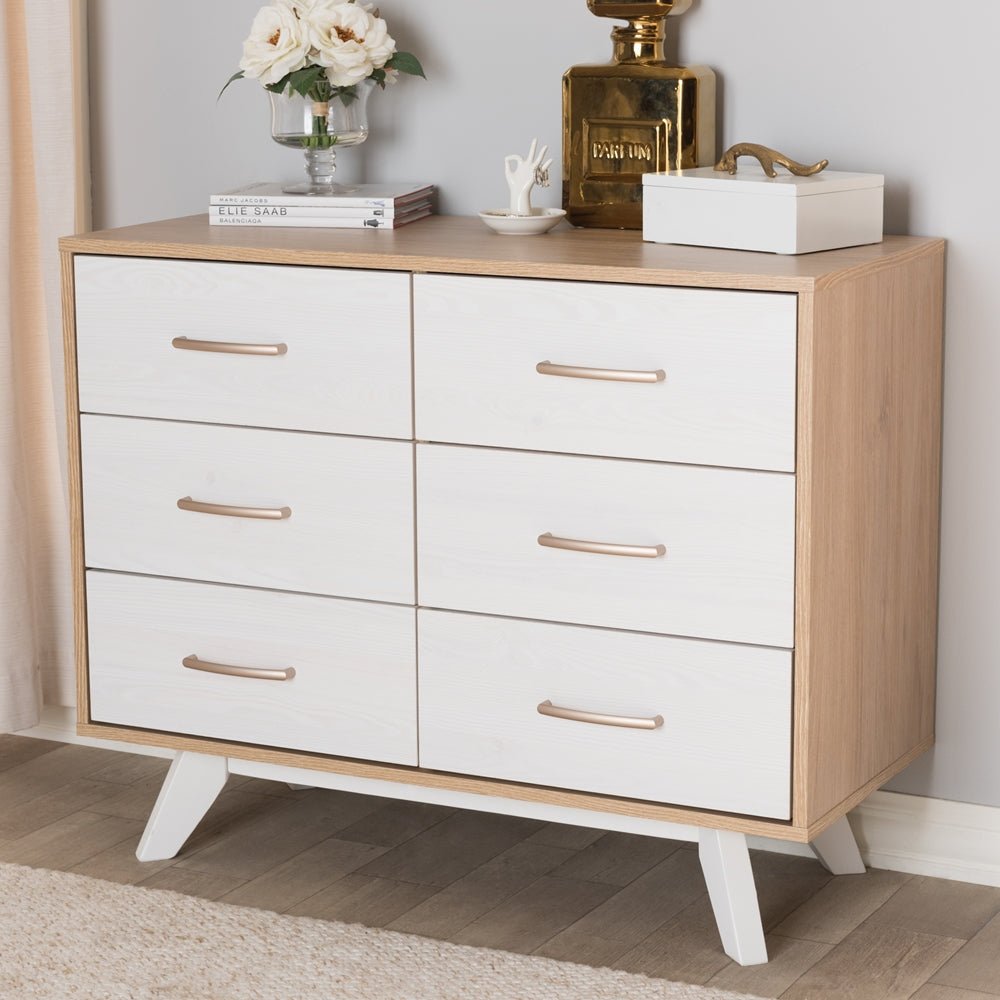 Baxton Studio Mid Century Modern Natural Oak And Whitewashed Finished Wood 6 Drawer Dresser - lily & onyx