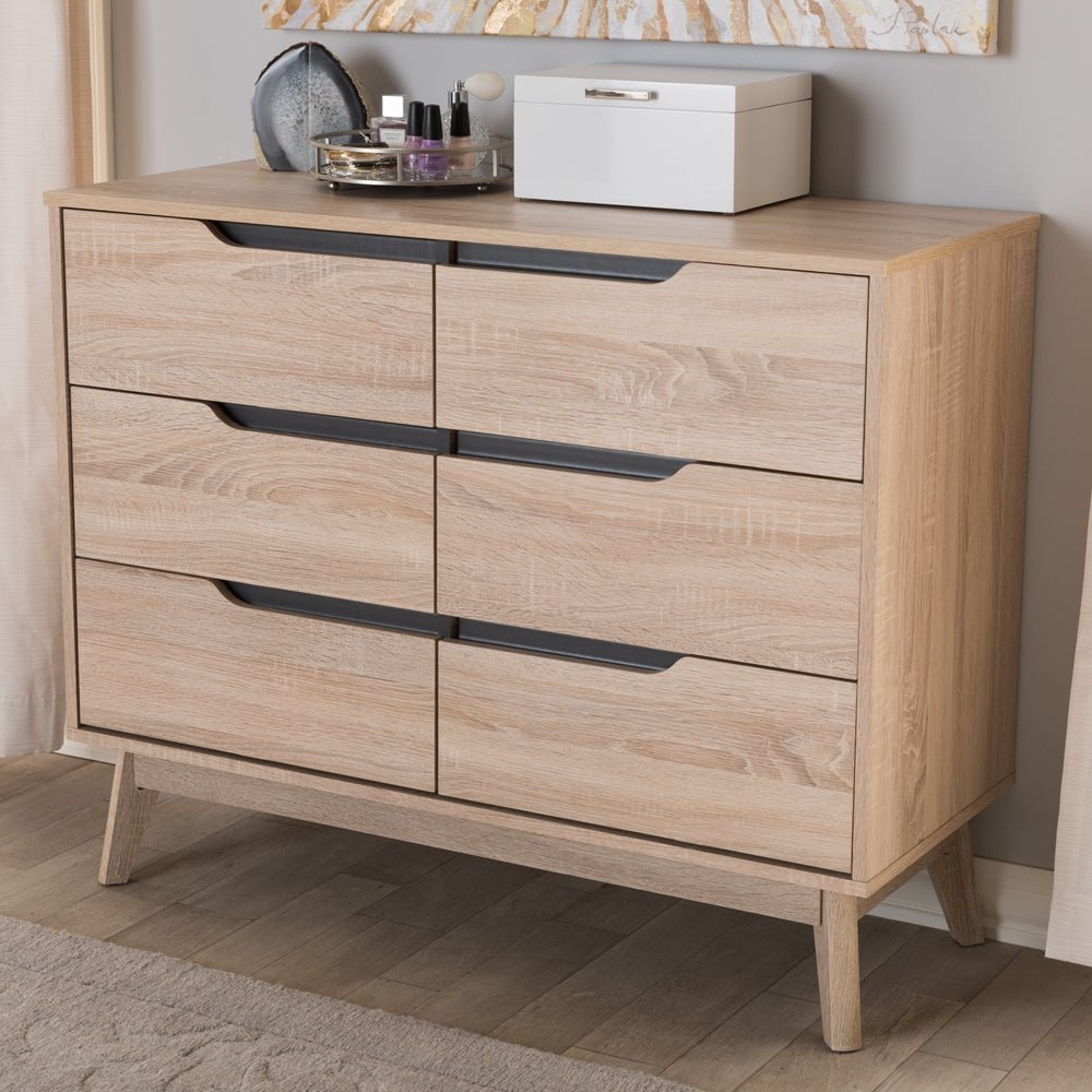 Baxton Studio Mid Century Modern Two Tone Oak And Gray Wood 6 Drawer Dresser - lily & onyx