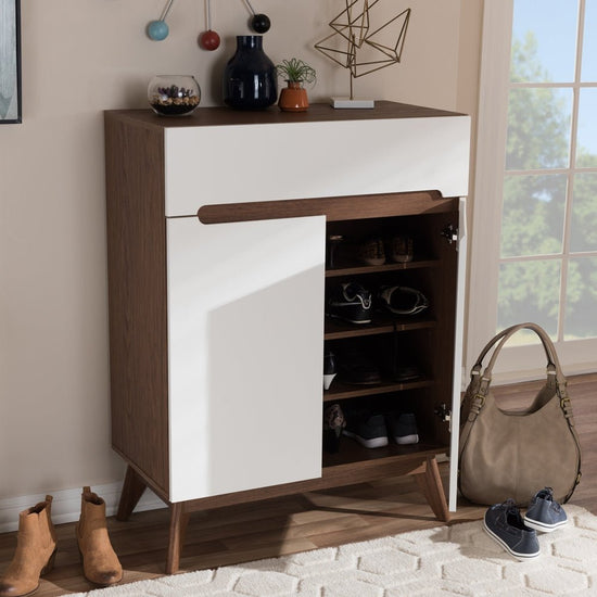 Load image into Gallery viewer, Baxton Studio Mid Century Modern White And Walnut Wood Storage Shoe Cabinet - lily &amp;amp; onyx
