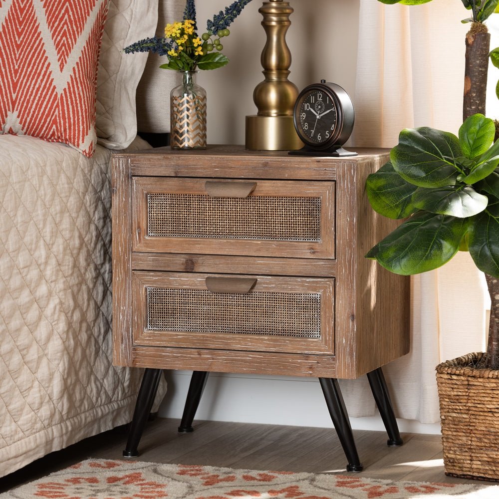 Baxton Studio Mid Century Modern Whitewashed Natural Brown Finished Wood And Rattan 2 Drawer Nightstand - lily & onyx