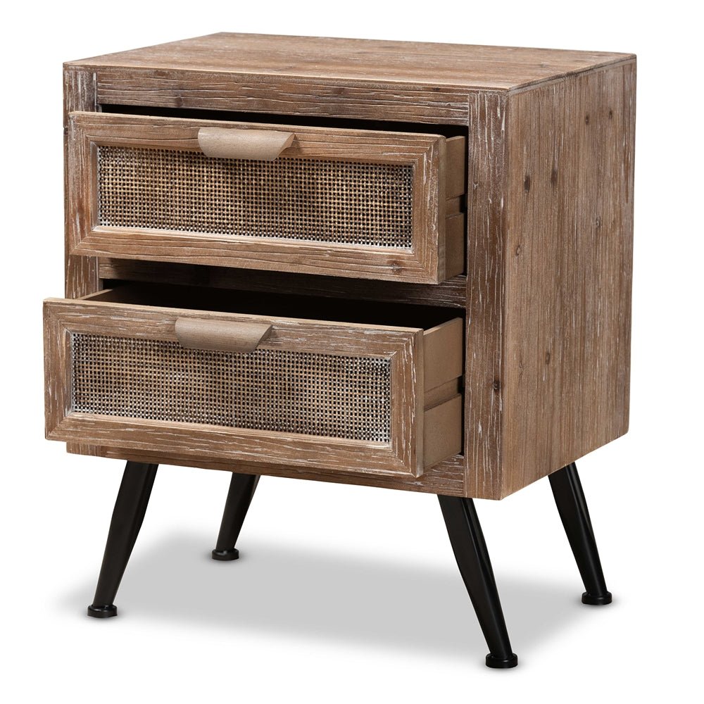 Baxton Studio Mid Century Modern Whitewashed Natural Brown Finished Wood And Rattan 2 Drawer Nightstand - lily & onyx