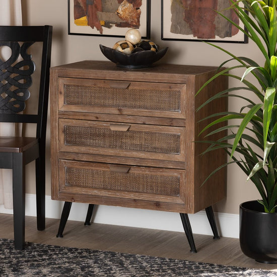 Baxton Studio Mid Century Modern Whitewashed Natural Brown Finished Wood And Rattan 3 Drawer Storage Cabinet - lily & onyx