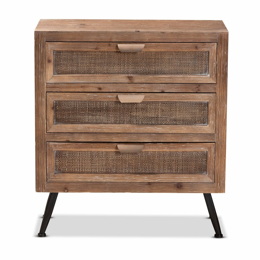 Baxton Studio Mid Century Modern Whitewashed Natural Brown Finished Wood And Rattan 3 Drawer Storage Cabinet - lily & onyx
