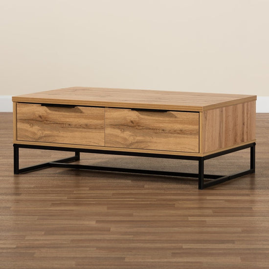 Baxton Studio Modern And Contemporary Oak Brown Finished Wood And Black Finished Metal 2 Drawer Coffee Table - lily & onyx