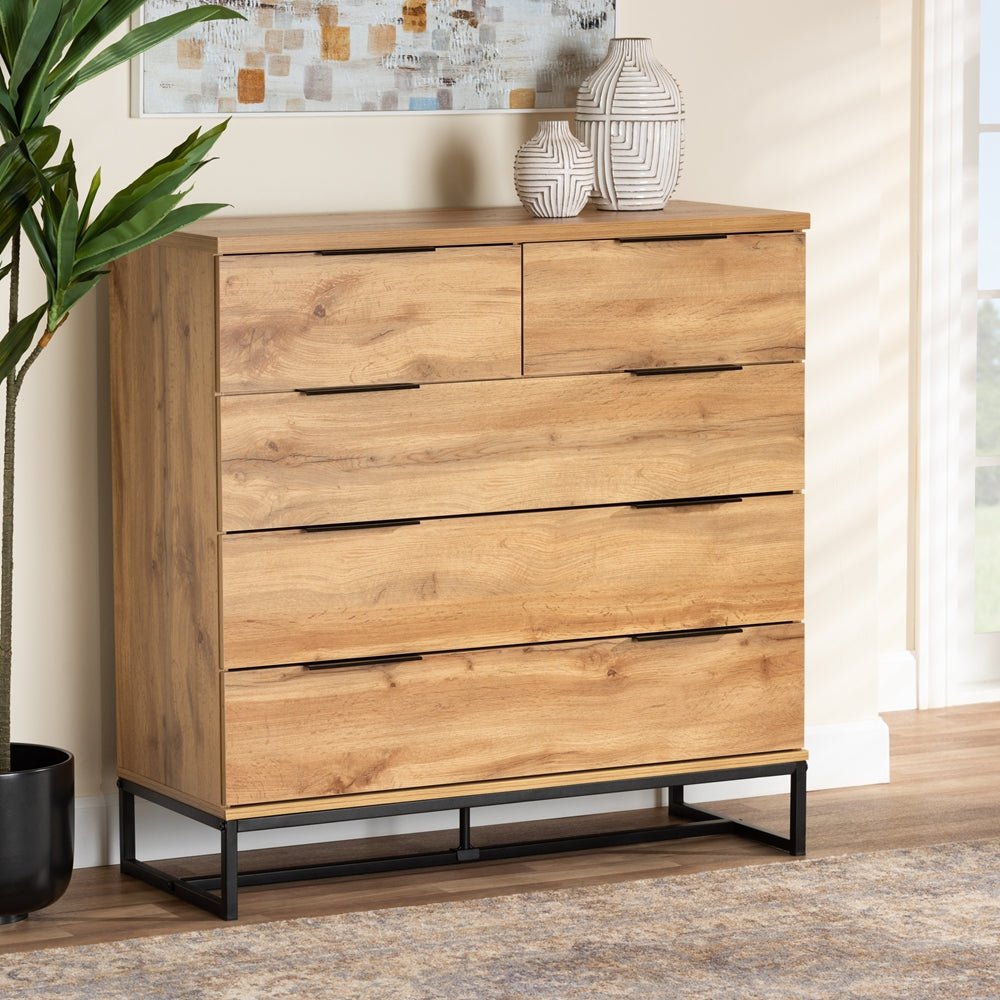 Baxton Studio Modern And Contemporary Oak Finished Wood And Black Finished Metal 5 Drawer Bedroom Chest - lily & onyx