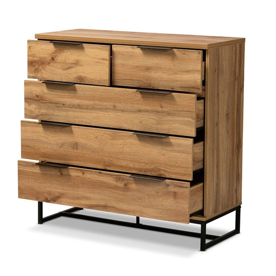 Baxton Studio Modern And Contemporary Oak Finished Wood And Black Finished Metal 5 Drawer Bedroom Chest - lily & onyx
