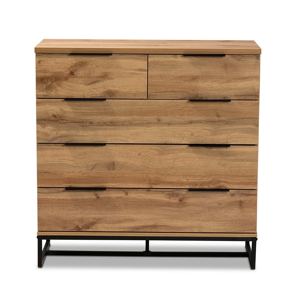 Baxton Studio Modern And Contemporary Oak Finished Wood And Black Finished Metal 5 Drawer Bedroom Chest - lily & onyx