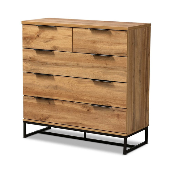 Baxton Studio Modern And Contemporary Oak Finished Wood And Black Finished Metal 5 Drawer Bedroom Chest - lily & onyx