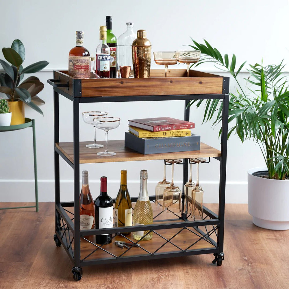 Twine Modern Manor Acacia Wood & Metal Bar Cart - lily & onyx