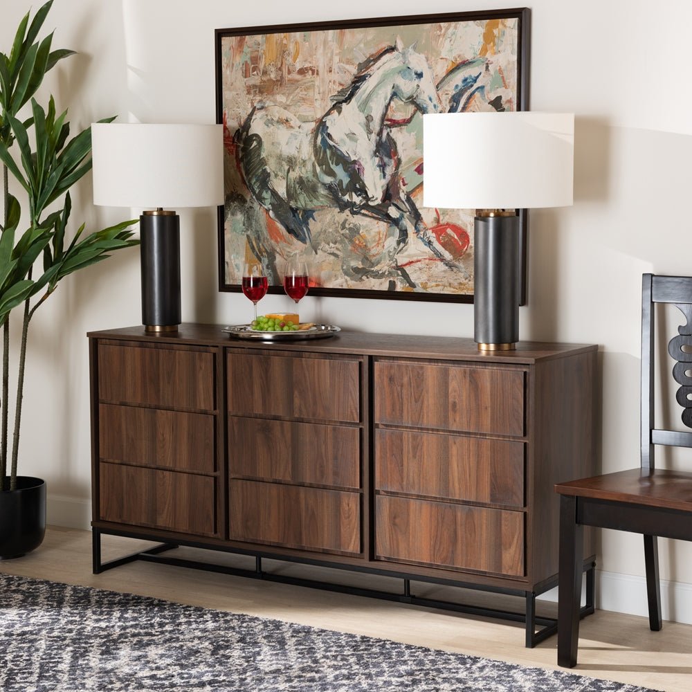 Baxton Studio Neil Modern & Contemporary Brown Finished Wood & Black Metal 3-Door Dining Room Sideboard Buffet - lily & onyx