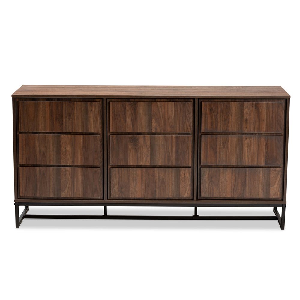 Baxton Studio Neil Modern & Contemporary Brown Finished Wood & Black Metal 3-Door Dining Room Sideboard Buffet - lily & onyx