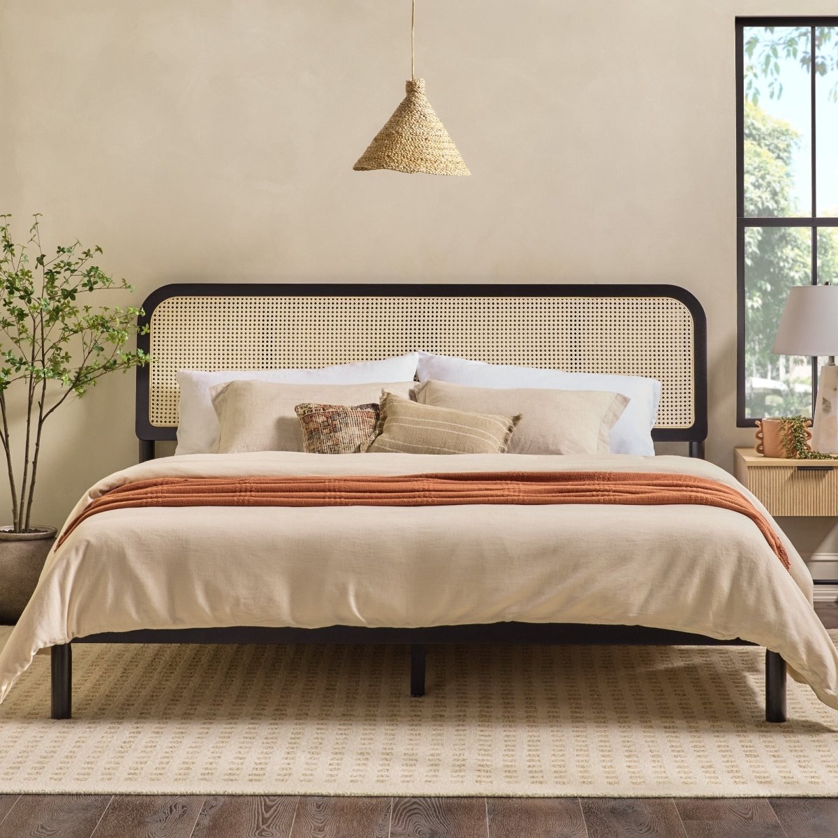 Walker Edison Neru Boho Curved Rattan-Headboard Bed Collection (Queen or King) - lily & onyx