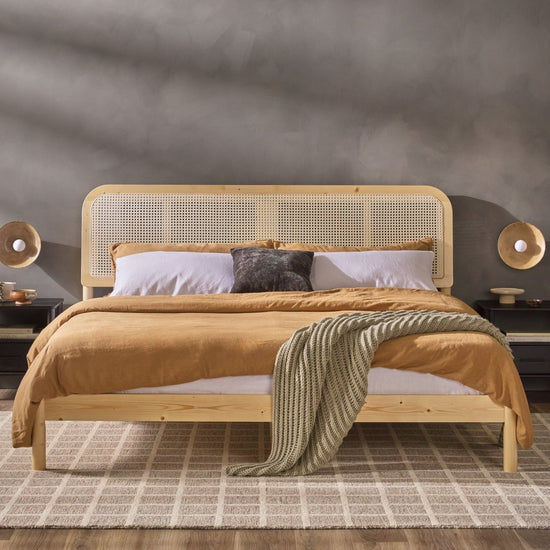 Walker Edison Neru Boho Curved Rattan-Headboard Bed Collection (Queen or King) - lily & onyx