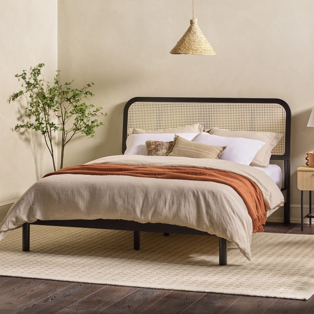 Walker Edison Neru Boho Curved Rattan-Headboard Bed Collection (Queen or King) - lily & onyx