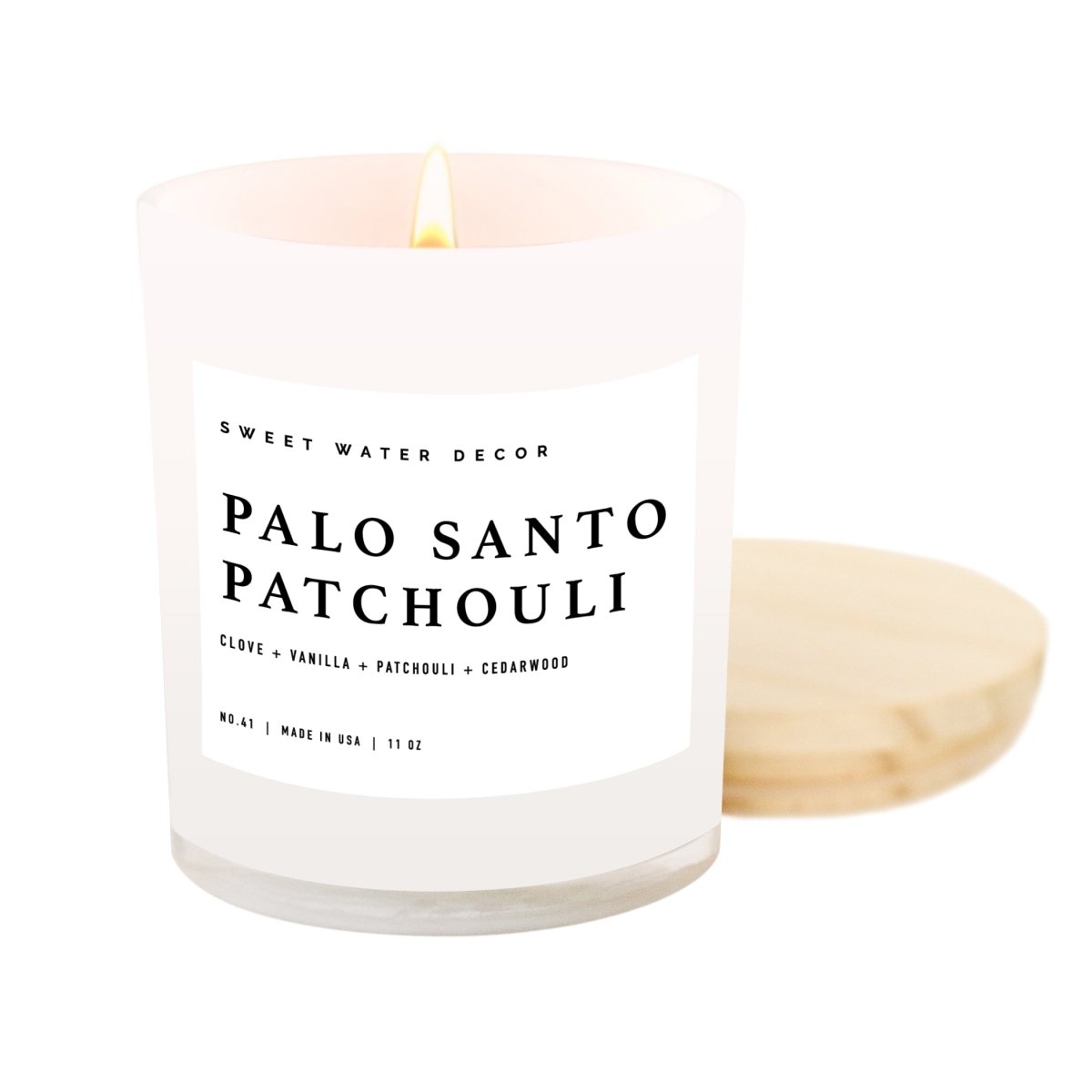 Sweet Water Decor Palo Santo Patchouli Soy Candle - White Jar - 11 oz - lily & onyx