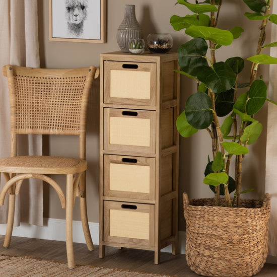 Baxton Studio Paolo Mid Century Modern Natural Brown Finished Wood And Rattan 4 Drawer Storage Unit - lily & onyx