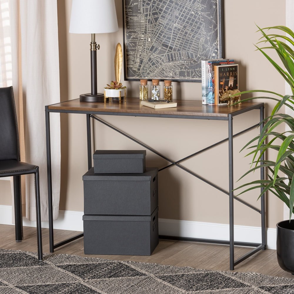 
                      
                        Baxton Studio Pauric Modern Industrial Walnut Brown Finished Wood And Black Metal Desk - lily & onyx
                      
                    