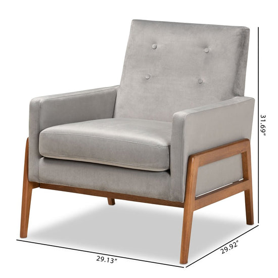 Load image into Gallery viewer, Baxton Studio Perris Mid Century Modern Gray Velvet Fabric Upholstered &amp;amp; Walnut Finished Wood Lounge Chair - lily &amp;amp; onyx
