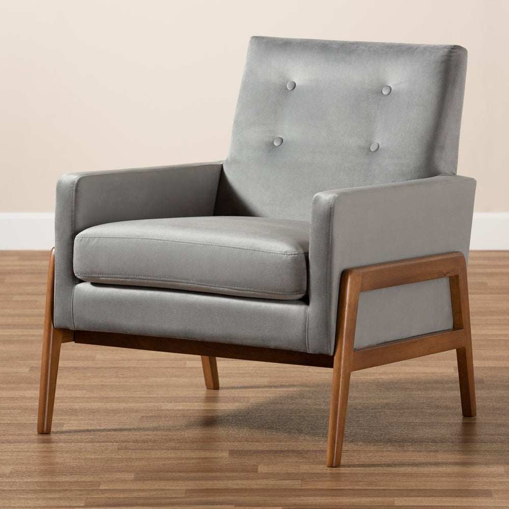 Load image into Gallery viewer, Baxton Studio Perris Mid Century Modern Gray Velvet Fabric Upholstered &amp;amp; Walnut Finished Wood Lounge Chair - lily &amp;amp; onyx
