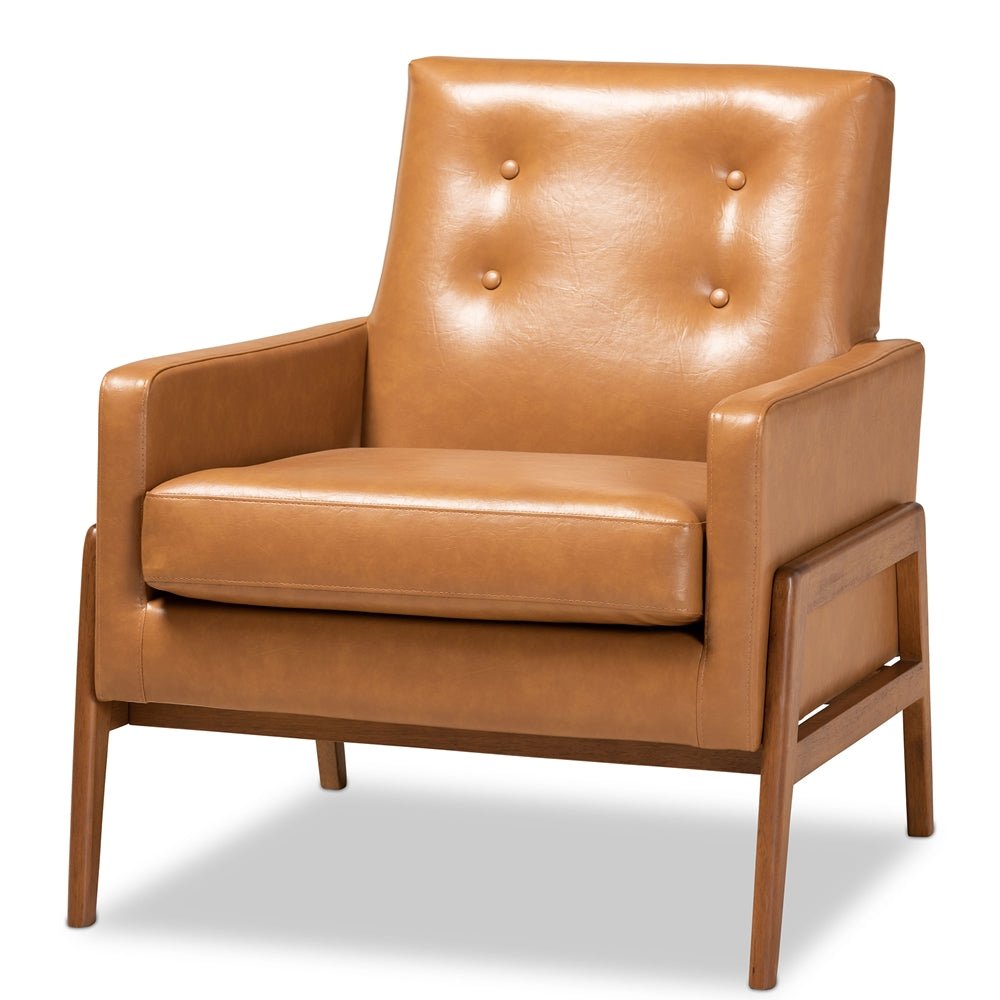 
                      
                        Baxton Studio Perris Mid Century Modern Tan Faux Leather Upholstered & Walnut Brown Finished Wood Lounge Chair - lily & onyx
                      
                    