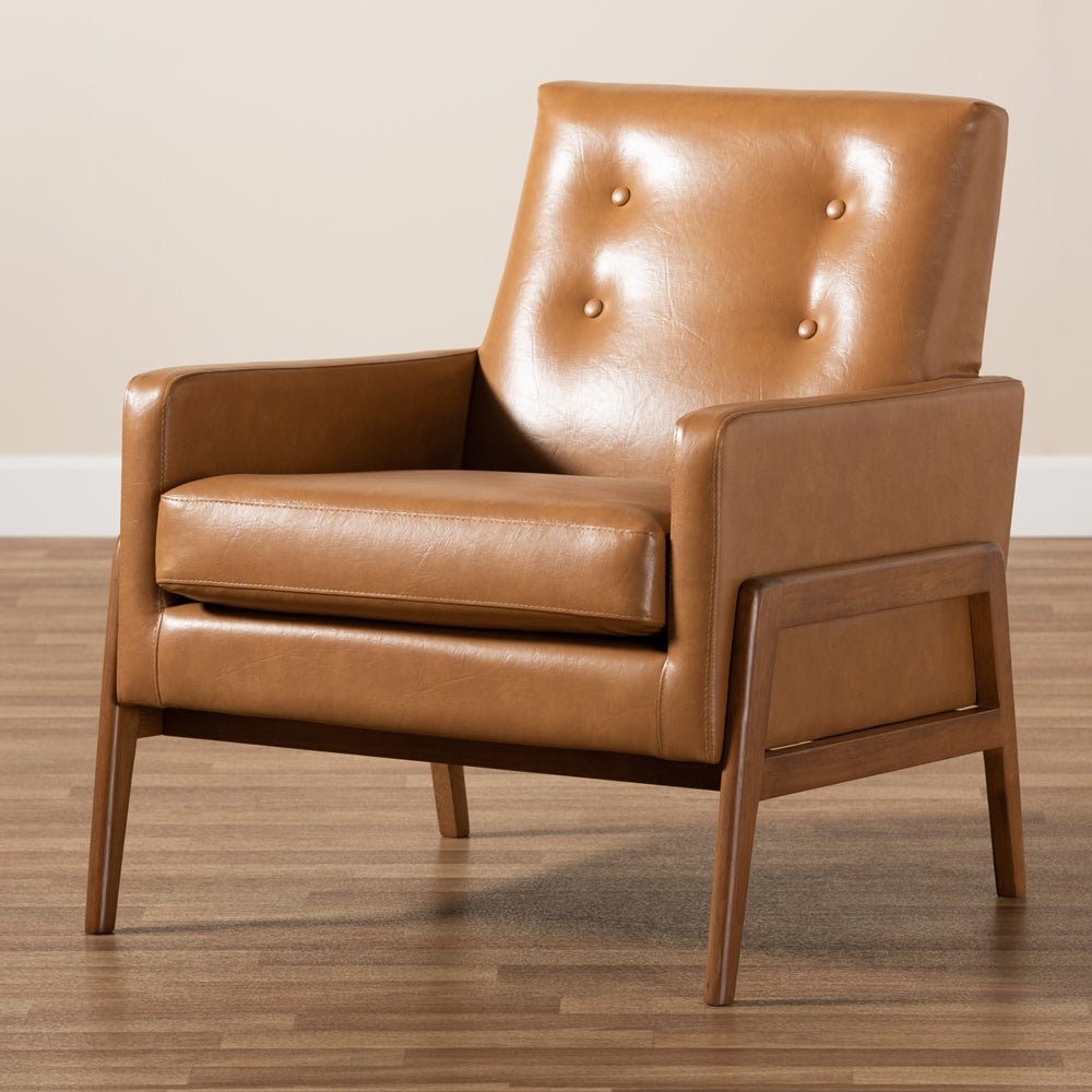 Baxton Studio Perris Mid Century Modern Tan Faux Leather Upholstered & Walnut Brown Finished Wood Lounge Chair - lily & onyx