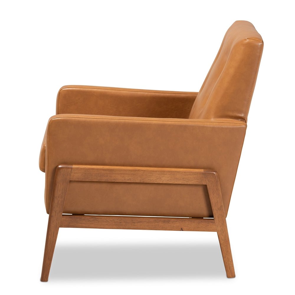 
                      
                        Baxton Studio Perris Mid Century Modern Tan Faux Leather Upholstered & Walnut Brown Finished Wood Lounge Chair - lily & onyx
                      
                    