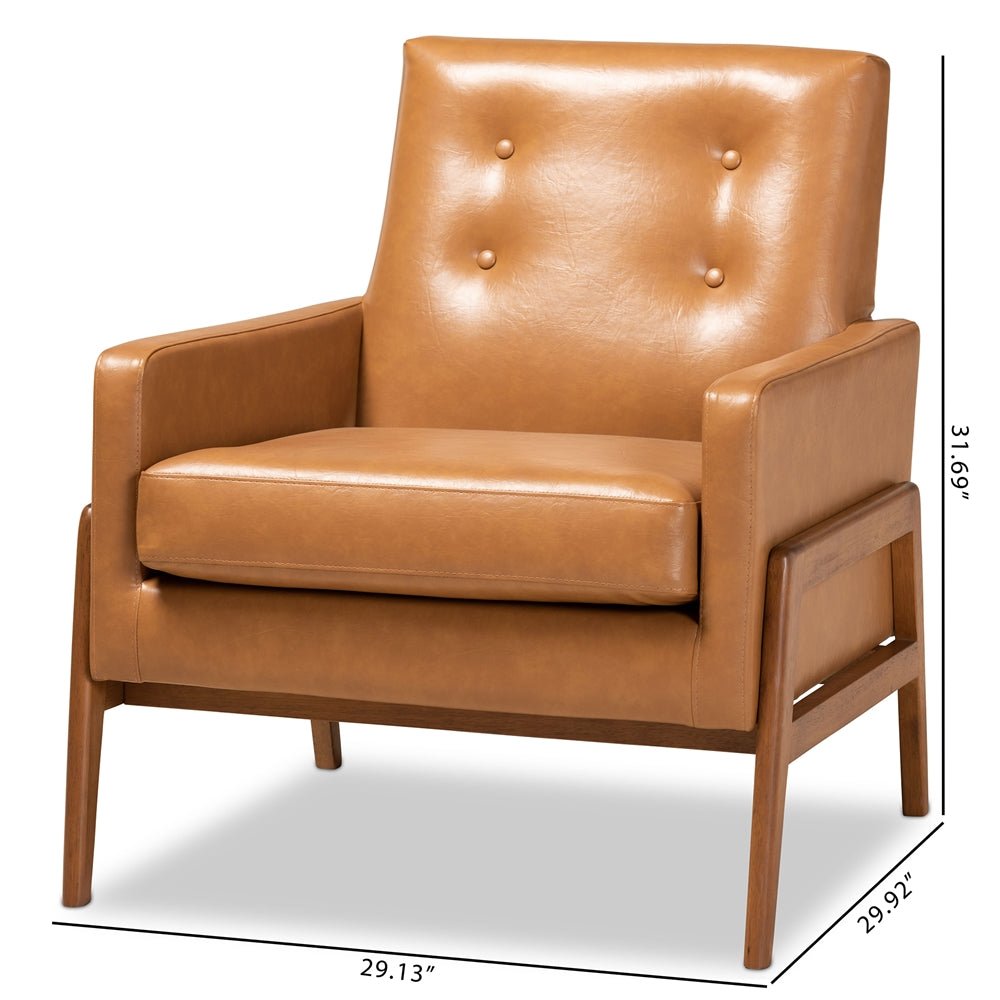 
                      
                        Baxton Studio Perris Mid Century Modern Tan Faux Leather Upholstered & Walnut Brown Finished Wood Lounge Chair - lily & onyx
                      
                    