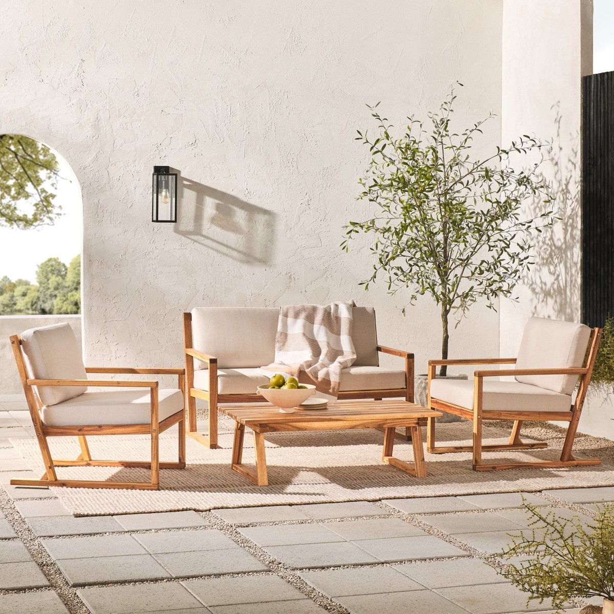 Walker Edison Prenton 4-Piece Modern Acacia Outdoor Slatted Chat Set with Coffee Table - lily & onyx