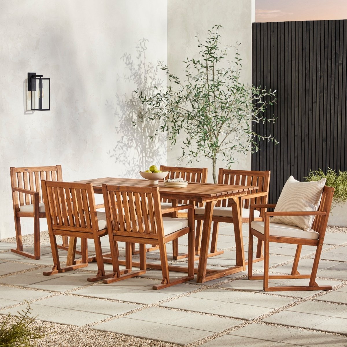 Walker Edison Prenton 7-Piece Modern Solid Wood Geometric Outdoor Dining Set - lily & onyx