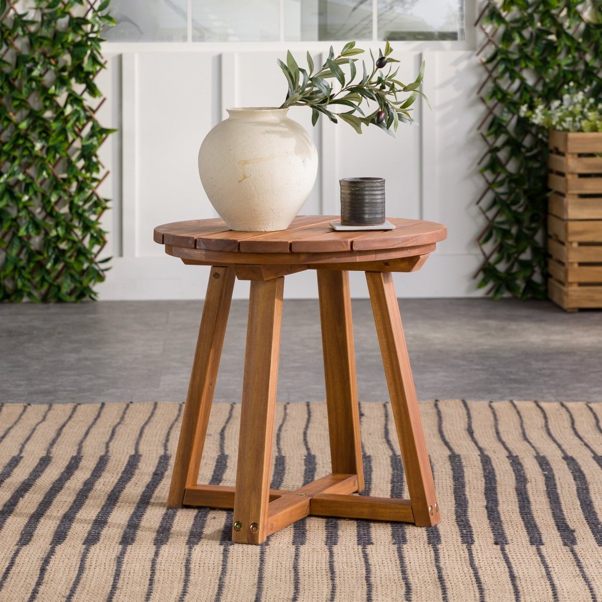 Walker Edison Prenton Modern Solid Wood Slat - Top Outdoor Round Side Table