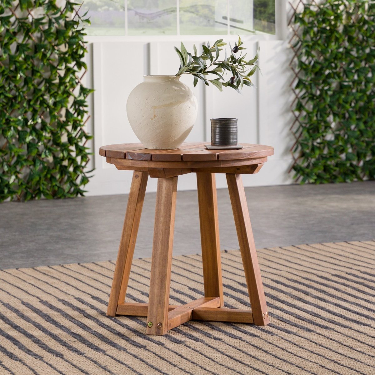 Walker Edison Prenton Modern Solid Wood Slat - Top Outdoor Round Side Table