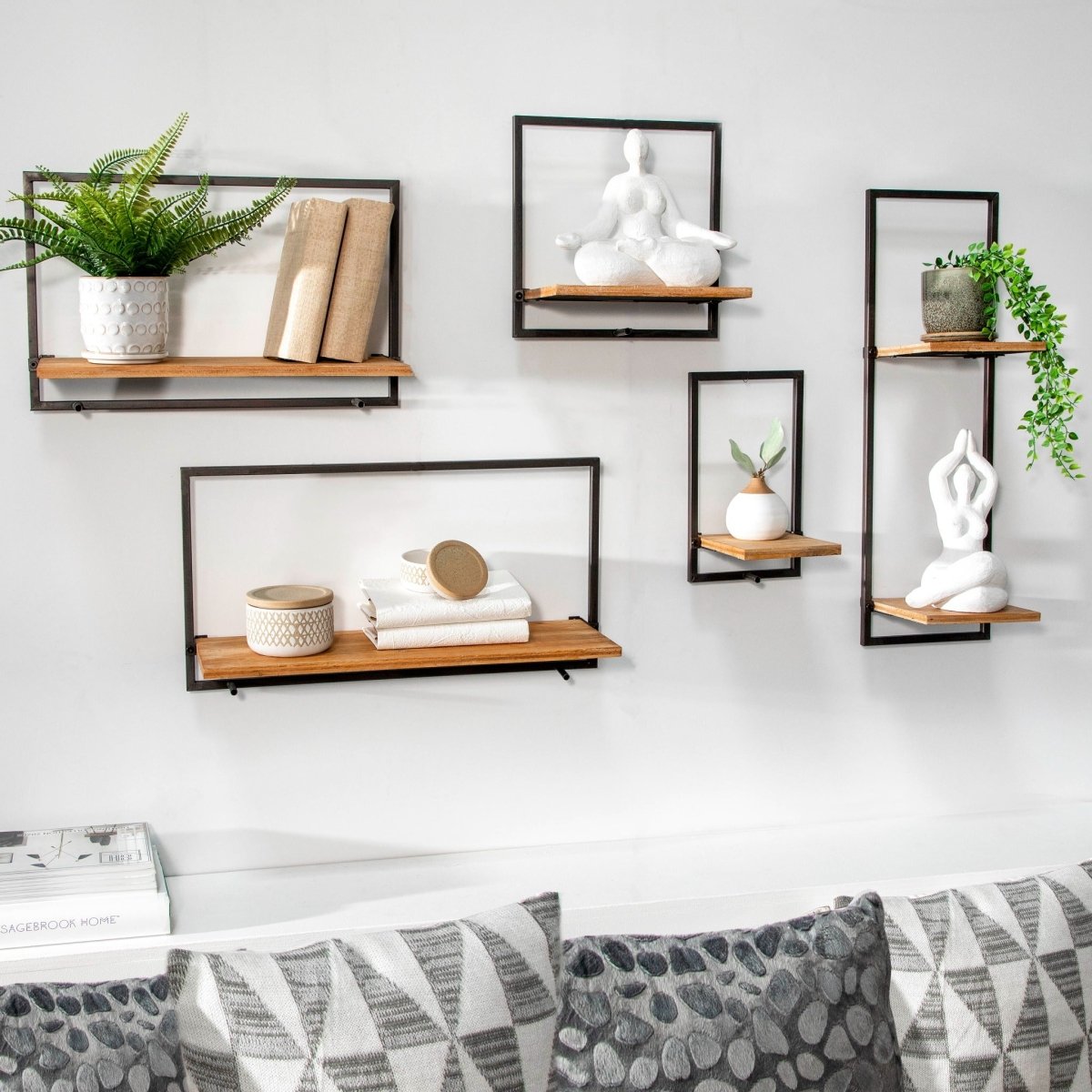 Sagebrook Home Rectangular Floating Wood & Metal Wall Shelves, Set Of 5 - lily & onyx