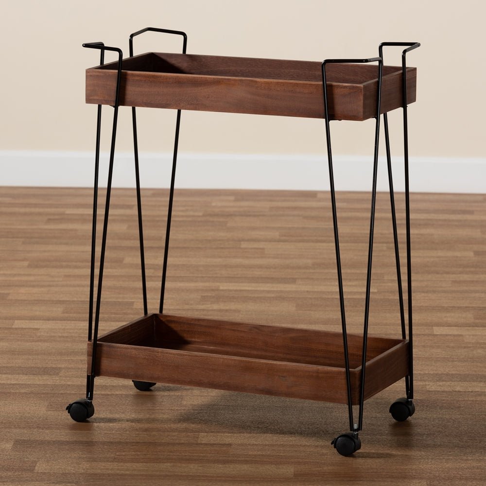 Baxton Studio Reynard Modern And Industrial Walnut Brown Finished Wood And Black Metal 2 Tier Wine Cart - lily & onyx