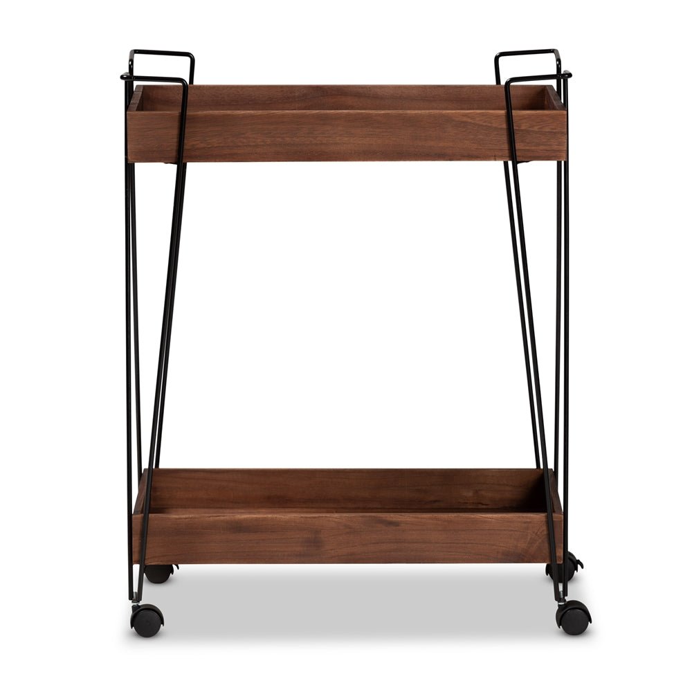 Load image into Gallery viewer, Baxton Studio Reynard Modern And Industrial Walnut Brown Finished Wood And Black Metal 2 Tier Wine Cart - lily &amp;amp; onyx

