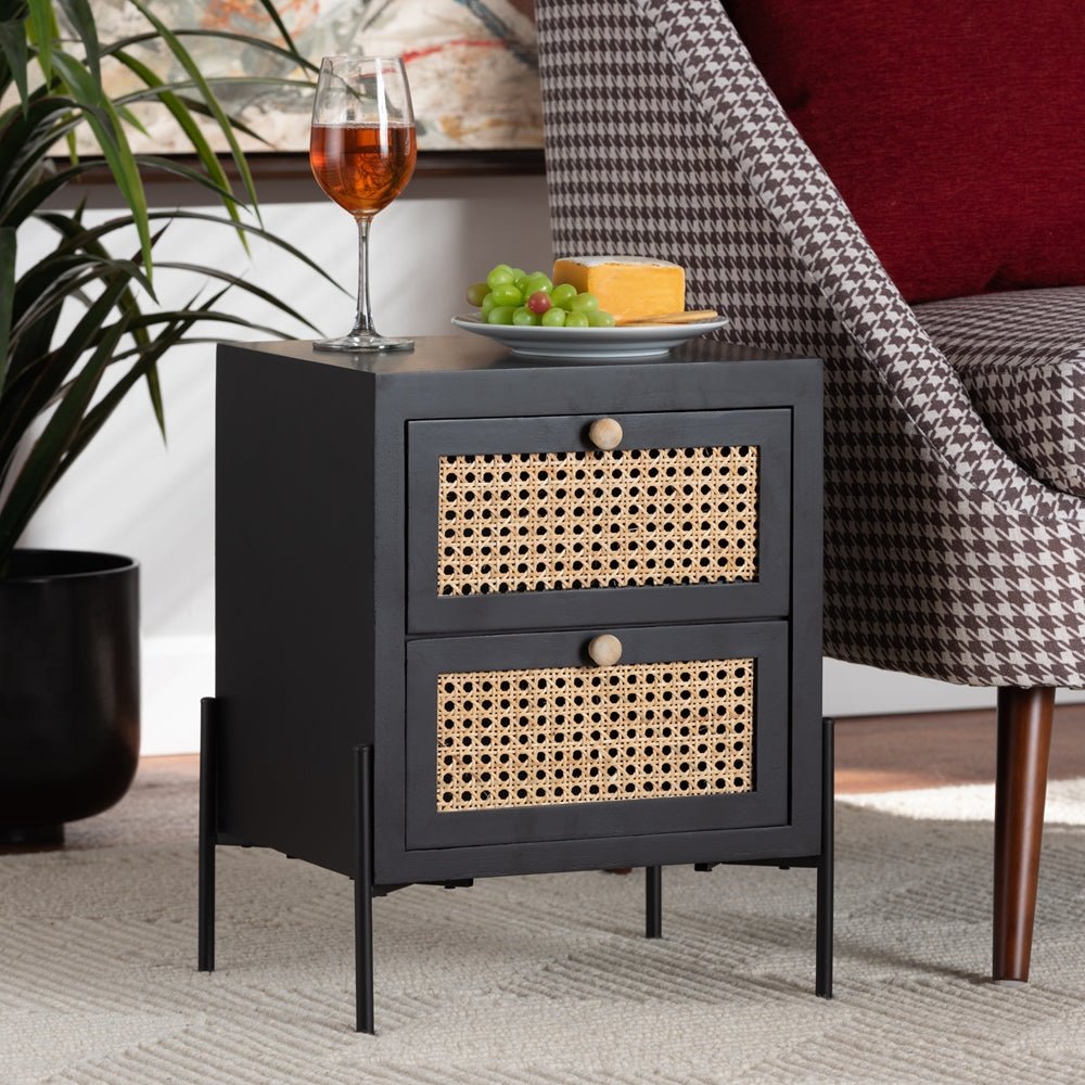 Baxton Studio Rimba Mid Century Modern Natural Rattan And Black Finished Wood 2 Drawer Nightstand - lily & onyx