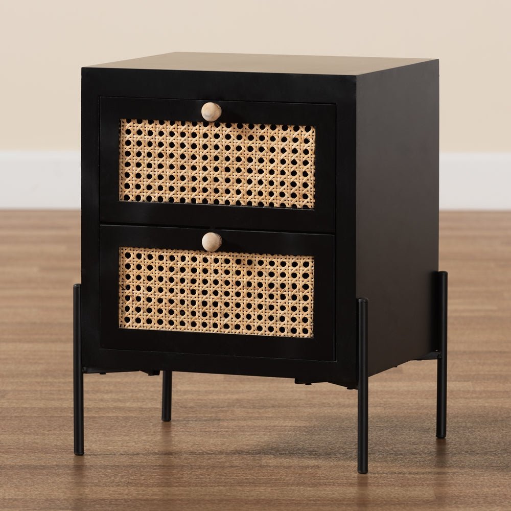
                      
                        Baxton Studio Rimba Mid Century Modern Natural Rattan And Black Finished Wood 2 Drawer Nightstand - lily & onyx
                      
                    
