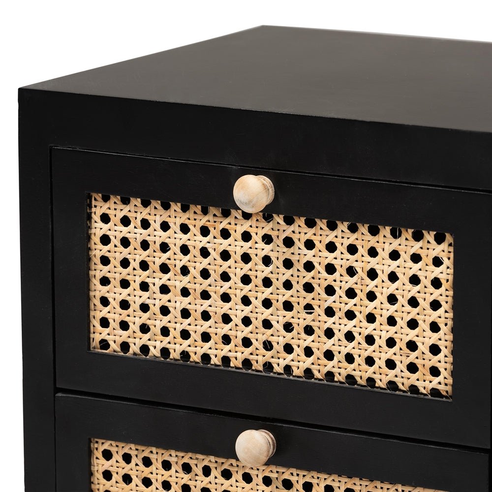 
                      
                        Baxton Studio Rimba Mid Century Modern Natural Rattan And Black Finished Wood 2 Drawer Nightstand - lily & onyx
                      
                    